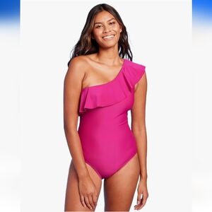 Kona Sol Womens Sz L 12/14 One Shoulder Swimwear One Piece Ruffle Pink Swimsuit
